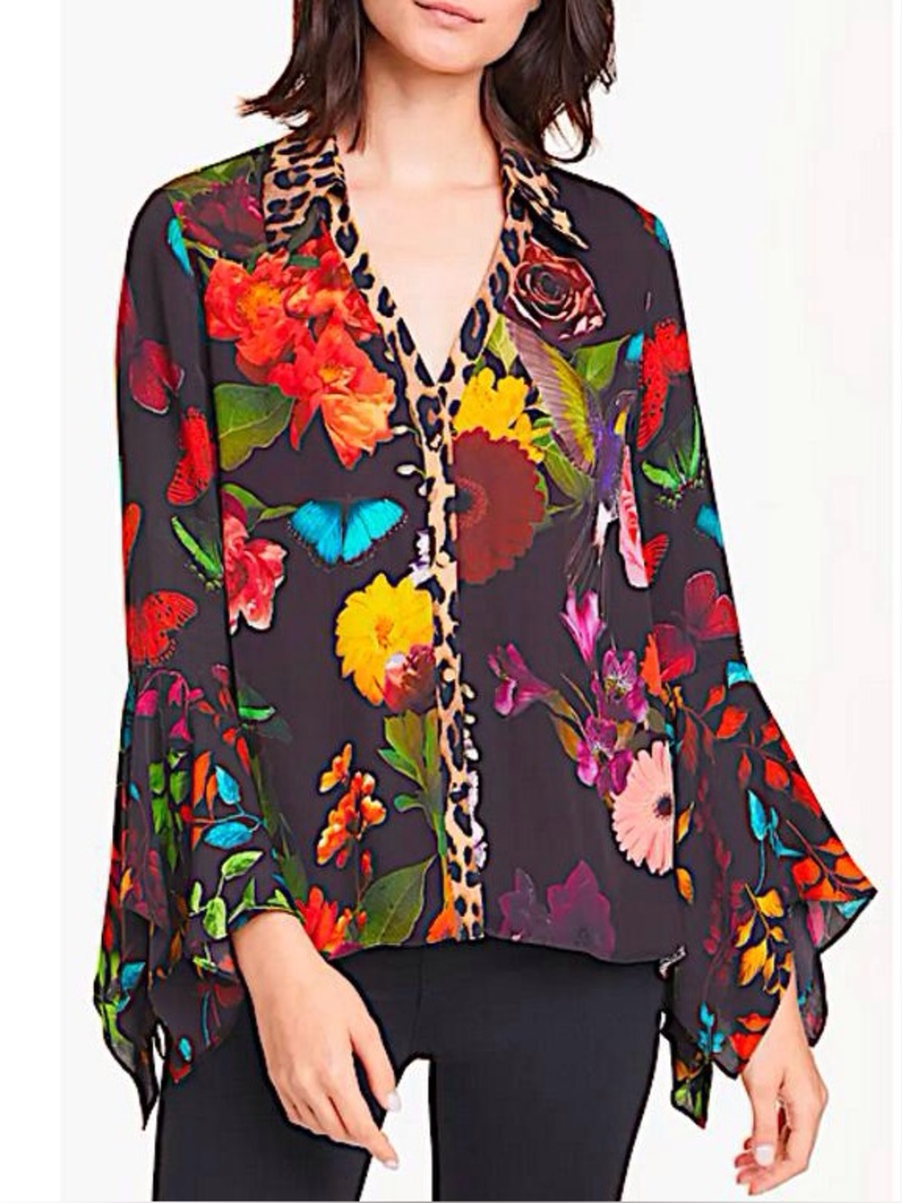 Alice + Olivia Black Floral & Butterfly Button-Up Blouse